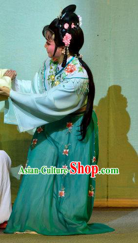 Chinese Shaoxing Opera Young Lady Costumes Pi Shan Jiu Mu Apparels Yue Opera Actress Dress Goddess Maidservant Garment and Headpieces