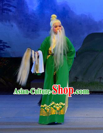 Chinese Yue Opera Elderly Male Apparels Pi Shan Jiu Mu Garment Shaoxing Opera Costumes Lao Sheng Earth God Green Robe and Headdress