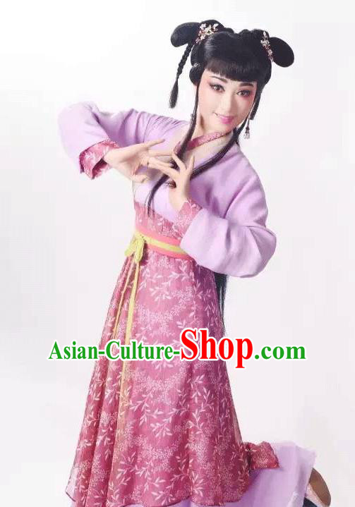 Chinese Shaoxing Opera Xiao Dan Costumes Zhang Yu Niang Apparels Yue Opera Youn Lady Garment Maidservant Purple Dress and Headpieces