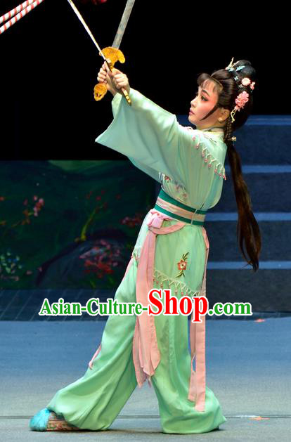 Chinese Shaoxing Opera Martial Female Costumes Pi Shan Jiu Mu Apparels Yue Opera Actress Dress Goddess Wu Dan Garment and Headpieces