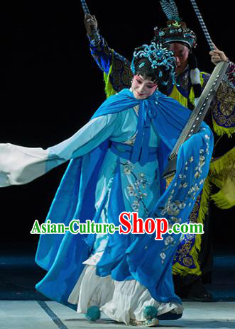 Chinese Kun Opera Young Woman Blue Dress Apparels Costumes and Hair Accessories Continue the Pipa Traditional Kunqu Opera Hua Tan Cai Wenji Garment
