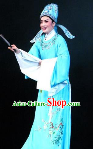 Chinese Yue Opera Rich Niche Apparels Yu Qing Ting Shaoxing Opera Young Male Costumes Scholar Shen Guisheng Blue Garment and Headwear