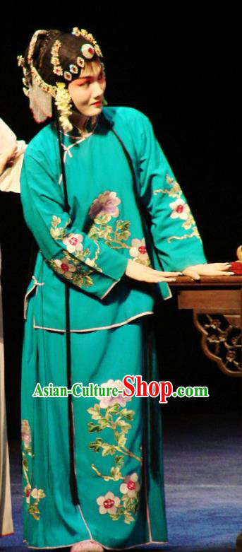 Chinese Kun Opera Hua Tan Costumes Apparels and Headdress Green Peony Traditional Kunqu Opera Actress Young Beauty Che Jingfang Dress Garment
