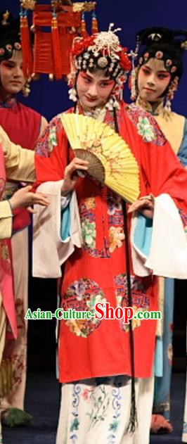 Chinese Kun Opera Hua Tan Red Costumes Apparels and Headdress Feng Zheng Wu Traditional Kunqu Opera Actress Zhan Shujuan Dress Garment