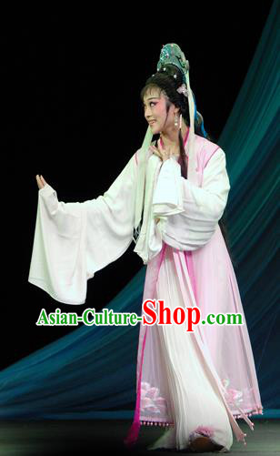 Chinese Shaoxing Opera Young Lady Actress Costumes Yu Qing Ting Wang Zhizhen Apparels Yue Opera Hua Tan Garment Taoist Nun Pink Dress and Headdress