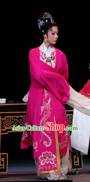 Chinese Shaoxing Opera Young Female Costumes Yu Qing Ting Apparels Yue Opera Hua Tan Garment Noble Lady Rosy Dress and Headwear