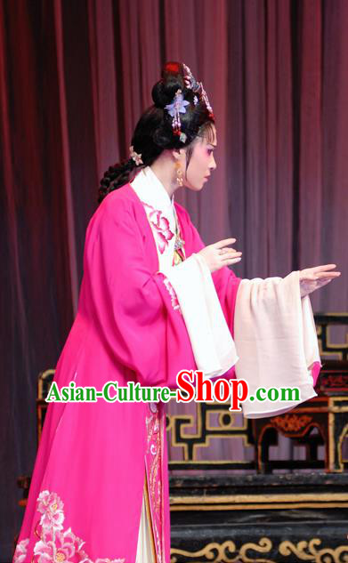Chinese Shaoxing Opera Young Female Costumes Yu Qing Ting Apparels Yue Opera Hua Tan Garment Noble Lady Rosy Dress and Headwear