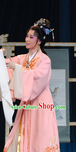 Chinese Shaoxing Opera Hua Tan Noble Lady Costumes Yu Qing Ting Apparels Yue Opera Garment Young Female Pink Dress and Headpieces