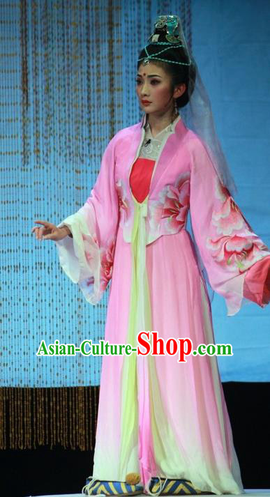 Chinese Huangmei Opera Young Lady Pink Costumes Apparels and Headdress Escaping From the Temple Traditional Anhui Opera Taoist Nun Dress Garment