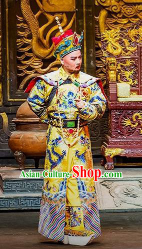Chinese Huangmei Opera Zhang Tingyu Da Qing Prime Minister Apparels Costumes and Headwear Kunqu Opera Emperor Qianlong Garment Clothing