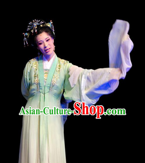 Chinese Shaoxing Opera Hua Tan Costumes Yu Qing Ting Apparels Yue Opera Garment Young Female Noble Lady Green Dress and Headpieces