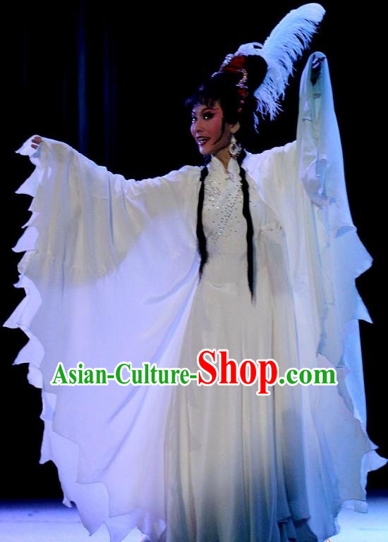 Chinese Huangmei Opera Hua Tan Costumes Apparels and Headdress Qian Yu Jin Traditional Anhui Opera Crane Faity A Ling White Dress Garment