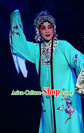 Chinese Kun Opera Rich Lady Bi Tao Costumes and Headdress The Legend of Hairpin Traditional Kunqu Opera Hua Tan Blue Garment Apparels