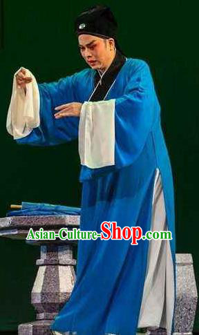 Chinese Yue Opera Niche Xiao Sheng Apparels The Pearl Tower Shaoxing Opera Costumes Young Male Garment Poor Scholar Blue Robe and Hat