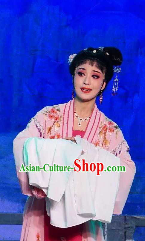 Chinese Shaoxing Opera Hua Tan Chen Sue Costumes The Pearl Tower Apparels Yue Opera Garment Actress Diva Pink Dress and Headpieces