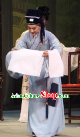 Chinese Yue Opera Young Man Apparels The Pearl Tower Shaoxing Opera Xiao Sheng Costumes Niche Blue Robe Garment and Hat