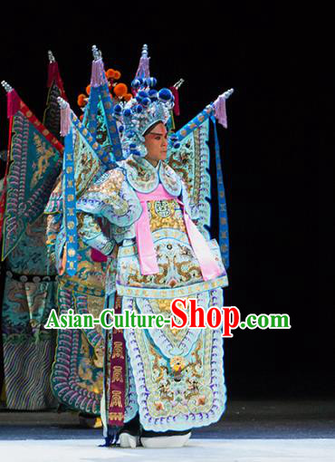 Chinese Kun Opera General Young Man Continue the Pipa Costumes and Headwear Kunqu Opera Garment Apparels Military Officer Blue Kao Armor Suit with Flags