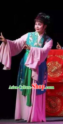 Chinese Shaoxing Opera Young Lady Maidservant Costumes The Pearl Tower Apparels Yue Opera Garment Servant Girl Actress Dress and Hair Jewelry
