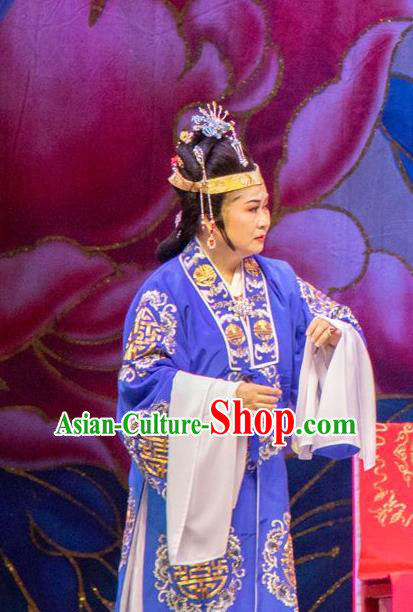 Chinese Shaoxing Opera Elderly Female Costumes The Pearl Tower Apparels Yue Opera Garment Rich Dame Blue Cape and Headdress