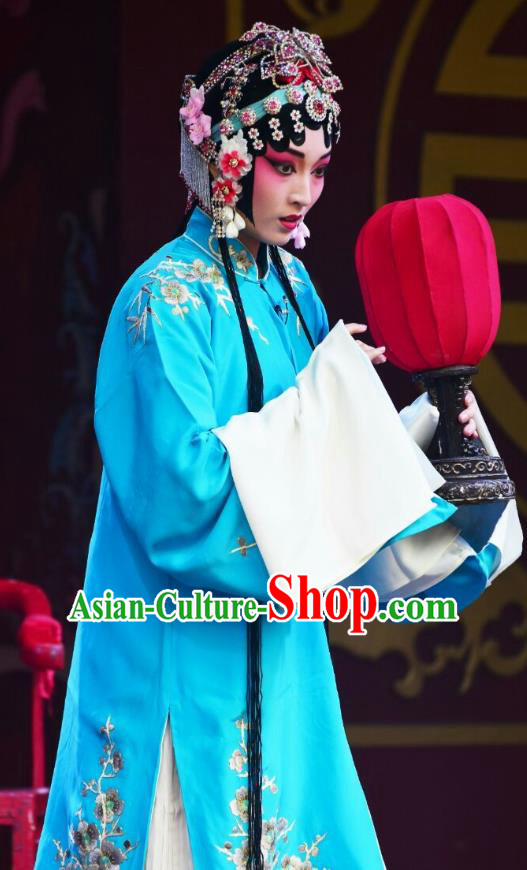 Chinese Kun Opera Actress Zhong Hua Blue Dress Costumes and Headdress Zhong Kui Jia Mei Traditional Kunqu Opera Hua Tan Garment Apparels