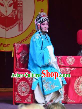 Chinese Kun Opera Actress Zhong Hua Blue Dress Costumes and Headdress Zhong Kui Jia Mei Traditional Kunqu Opera Hua Tan Garment Apparels