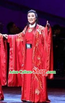 Chinese Shaoxing Opera Niche Jiao Zhongqing Wedding Garment and Headwear Yue Opera The Peacocks Fly To The Southeast Apparels Scholar Red Costumes