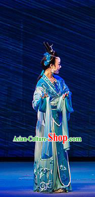 Chinese Huangmei Opera Hua Tan Apparels Costumes and Headpieces Goddess Marriage Traditional Anhui Opera Diva Blue Dress Garment