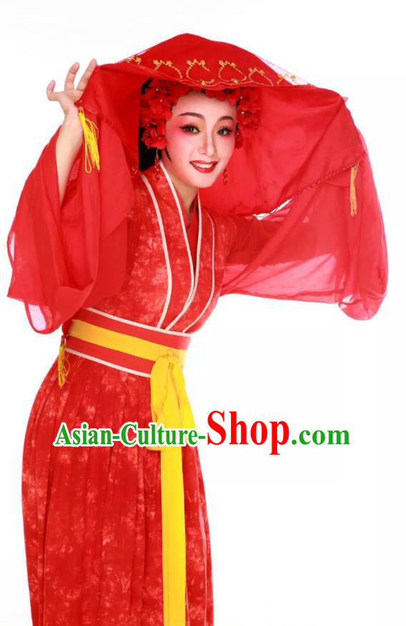 Chinese Huangmei Opera Bride Wedding Costumes and Headdress Taibai Drunk Traditional Anhui Opera Actress Red Dress Garment Apparels