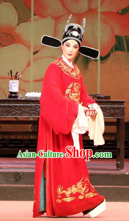 Chinese Huangmei Opera Scholar Li Zhaoting Female Consort Prince Garment Costumes and Headwear An Hui Opera Xiaosheng Apparels Young Male Clothing