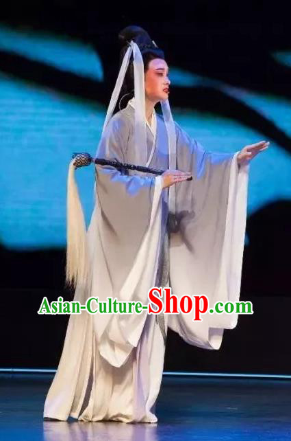 Chinese Huangmei Opera Young Female Grey Apparels Costumes and Headpieces Taibai Drunk Traditional Anhui Opera Taoist Nun Dress Garment