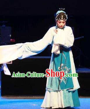 Chinese Huangmei Opera Young Lady Green Garment Costumes and Headpieces Yu Tian Xian Traditional Anhui Opera Xiaodan Actress Dress Apparels