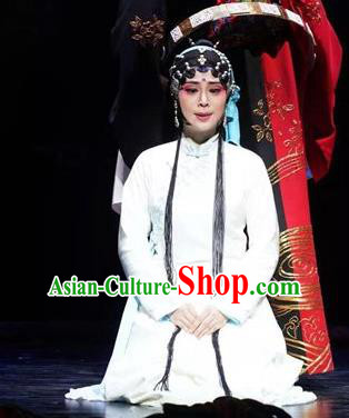 Chinese Huangmei Opera Distress Maiden Garment Costumes and Headdress Yu Tian Xian Traditional Anhui Opera Young Female White Dress Apparels