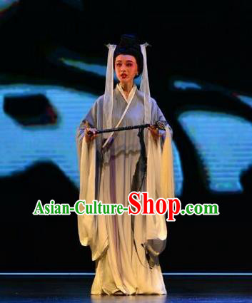 Chinese Huangmei Opera Young Female Grey Apparels Costumes and Headpieces Taibai Drunk Traditional Anhui Opera Taoist Nun Dress Garment