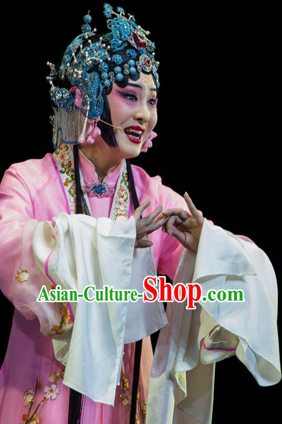 Chinese Huangmei Opera Diva Garment Costumes and Headpieces Luo Pa Ji Traditional Anhui Opera Actress Chen Saijin Pink Dress Apparels