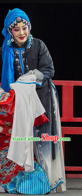 Chinese Huangmei Opera Tsing Yi Black Garment Costumes and Headdress Luo Pa Ji Traditional Anhui Opera Distress Female Dress Apparels