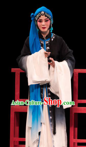Chinese Huangmei Opera Tsing Yi Black Garment Costumes and Headdress Luo Pa Ji Traditional Anhui Opera Distress Female Dress Apparels