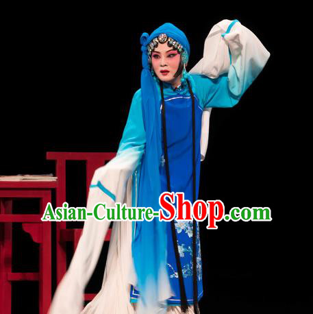 Chinese Huangmei Opera Distress Woman Garment Costumes and Headdress Luo Pa Ji Traditional Anhui Opera Actress Chen Saijin Blue Dress Apparels