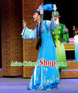 Chinese Shaoxing Opera Court Lady Blue Dress Desert Prince Yue Opera Garment Costumes Princess Consort Apparels and Headwear