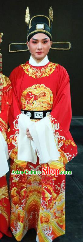 Chinese Huangmei Opera Xiaosheng Costumes and Headwear An Hui Opera Daughter of Dragon Apparels Niche Scholar Jiang Wenyu Wedding Clothing