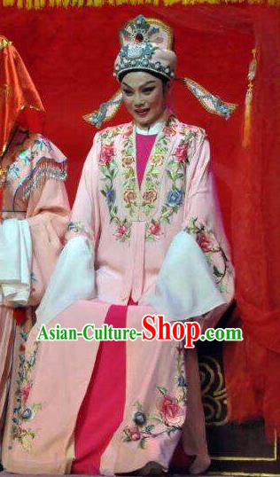 The Bridal Chamber Chinese Classical Shaoxing Opera Bridegroom Garment Yue Opera Xiao Sheng Apparels Young Male Costumes Pink Robe and Hat