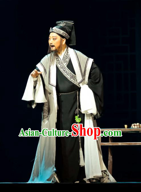 Chinese Huangmei Opera Elderly Male Ji Mo Han Qing Garment Costumes and Headwear An Hui Opera Laosheng Guan Hanqing Apparels Clothing