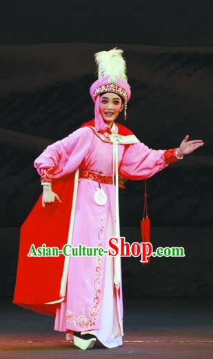 Chinese Shaoxing Opera Xiao Sheng Pink Garment and Hat Yue Opera Desert Prince Costumes Young Men Niche Apparels