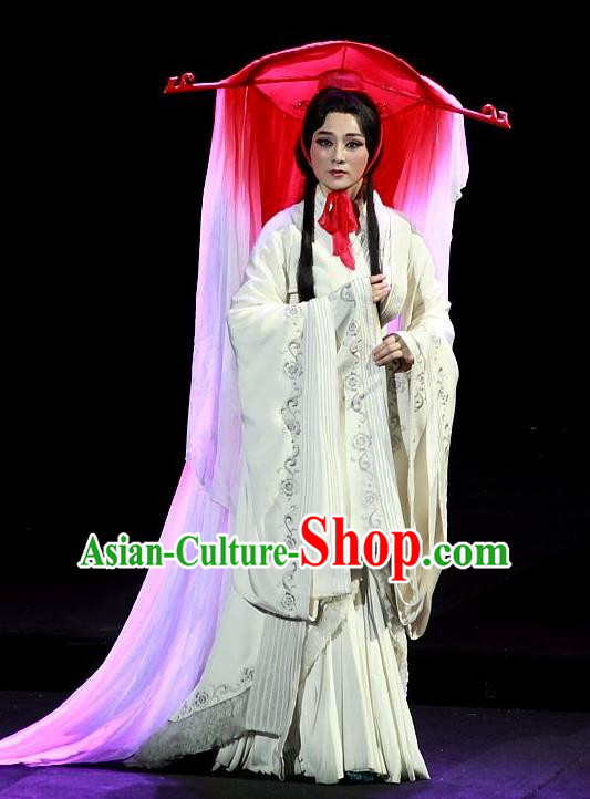Chinese Huangmei Opera Actress White Garment Costumes and Headdress Xiao Qiao Chu Jia Traditional Anhui Opera Diva Hua Tan Dress Apparels