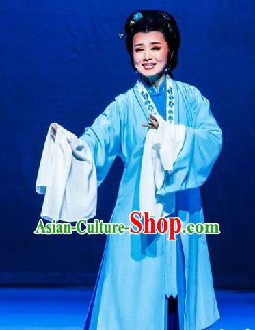 Chinese Huangmei Opera Dame Garment Costumes and Headpieces Censor Lady Traditional Anhui Opera Elderly Female Blue Dress Apparels