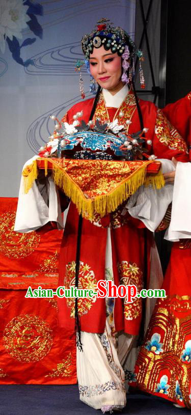 Chinese Shaoxing Opera Bride Red Dress The Jade Hairpin Yue Opera Hua Tan Costumes Apparels Actress Wedding Garment and Hair Ornaments