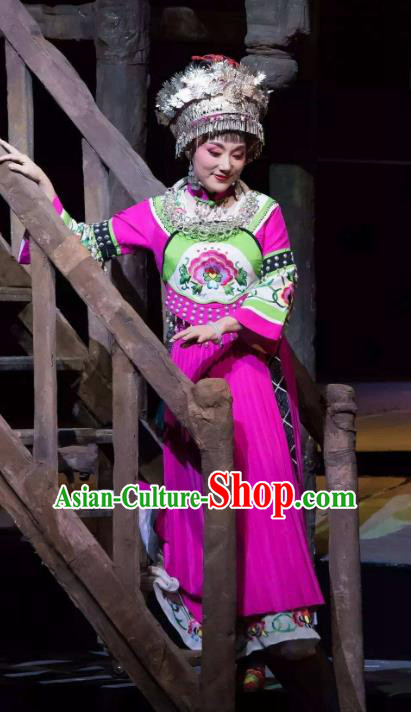 Chinese Huangmei Opera Tujia Nationality Young Lady Garment Costumes and Headdress Traditional Anhui Opera Country Woman Pink Dress Apparels