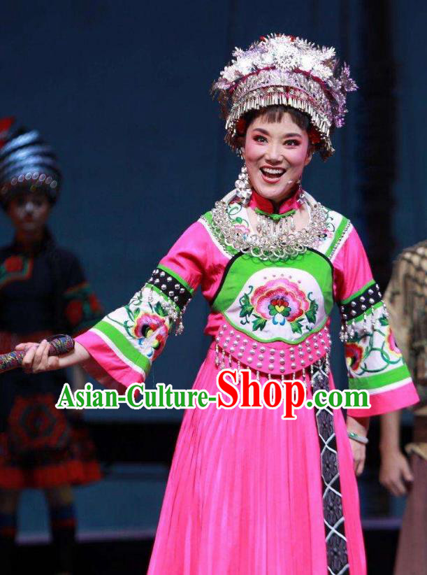 Chinese Huangmei Opera Tujia Nationality Young Lady Garment Costumes and Headdress Traditional Anhui Opera Country Woman Pink Dress Apparels