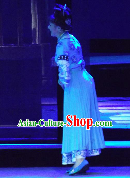 Chinese Huangmei Opera Tujia Nationality Blue Garment Costumes and Headdress Traditional Anhui Opera Ethnic Lady Dress Apparels