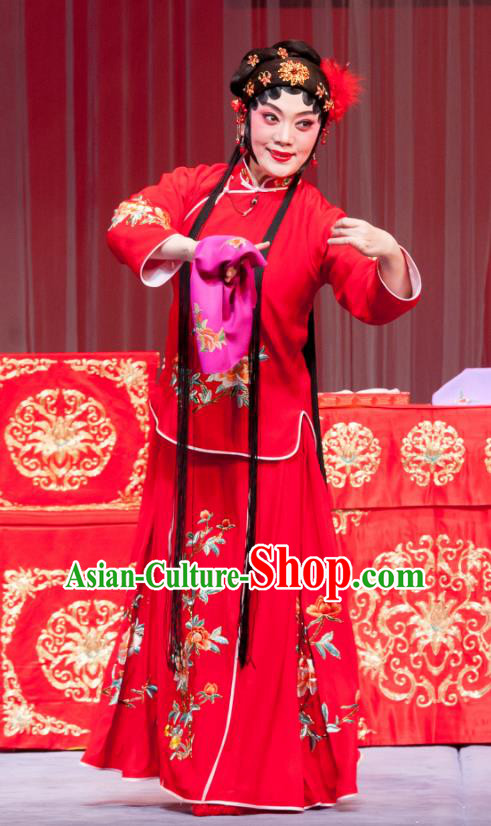 Chinese Ping Opera Young Female Geng Niang Red Costumes Apparels and Headpieces Traditional Pingju Opera Wedding Dress Garment