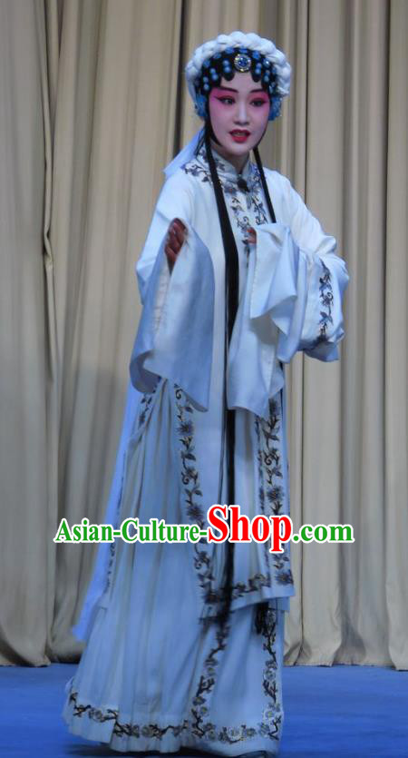 Chinese Ping Opera Zhu Hen Ji Distress Maiden Apparels Costumes and Headdress Traditional Pingju Opera Young Female Zhao Jintang White Dress Garment
